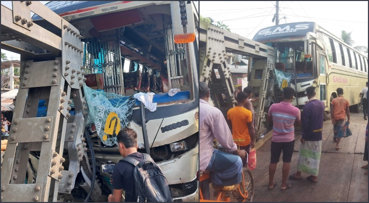 বাগেরহাটে বেইলি ব্রিজে আটকে গেল বাস, গাড়ি চলাচল বন্ধ